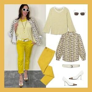 Cabi Yellow White Striped Crew Neck 3/4 Sleeve The Dreamer Standard Sweatshirt L